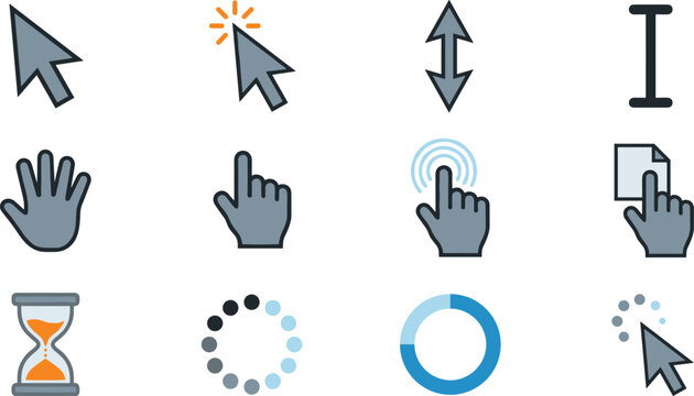 Mouse cursor and loading indicator vector icons set including arrow pointer hand click and hourglass
