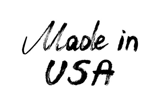 Made in Usa Text Lettering Label. Grunge brush stoke calligraphy. Vector handwritten quote for american products. 