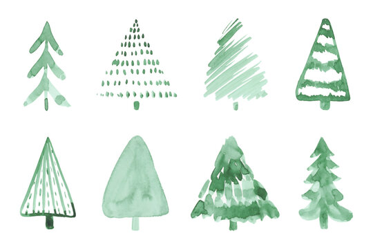 Watercolor Christmas Trees Vector Set. Winter spruce trees painted collection. Aquarelle hand painted pine tree collection.