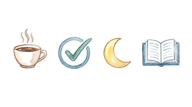Watercolor lifestyle icons set, hand drawn coffee cup and book illustrations, evening routine symbols with moon and check mark isolated PNG with Transparent Background