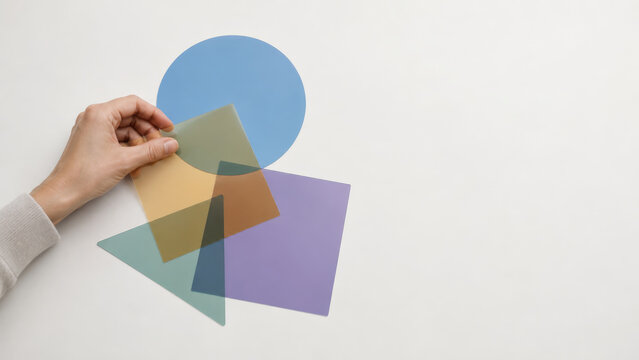 Woman hand holding colored transparent geometric shapes over white background. Abstract perception and mental health concept