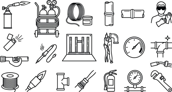 Professional metal pipe soldering and oxy-fuel gas welding vector icon set featuring torches solder spools gauges and safety equipment.