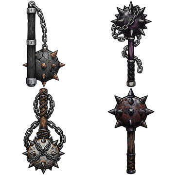 Set of medieval fantasy spiked mace and flail weapon icons isolated on white background