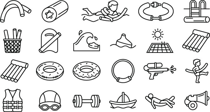 Swimming pool recreation and summer water sports vector icon set featuring pool noodles floating rafts water guns and swimming training accessories