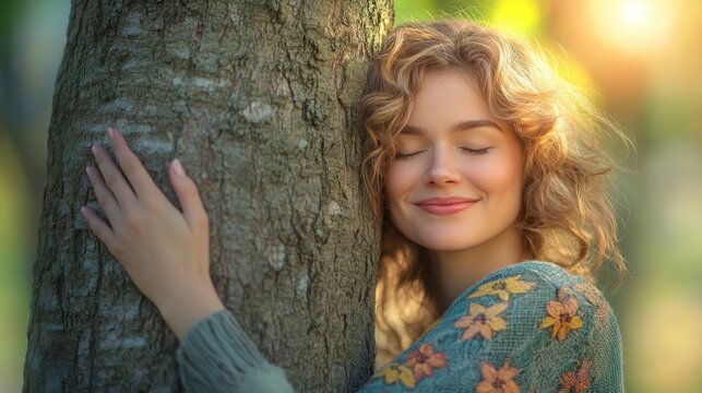 A woman stands in a tranquil park, joyfully hugging a tree with closed eyes, soaking in the warm sunlight and peaceful atmosphere around her.