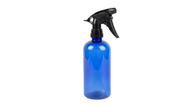 Blue plastic spray bottle with black trigger nozzle, refillable cleaning sprayer for household use, empty cosmetic mist container isolated PNG with Transparent Background