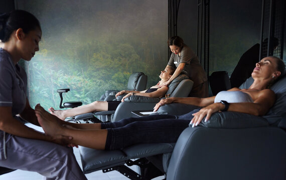 Young women in spa for relaxation and wellness treatment.