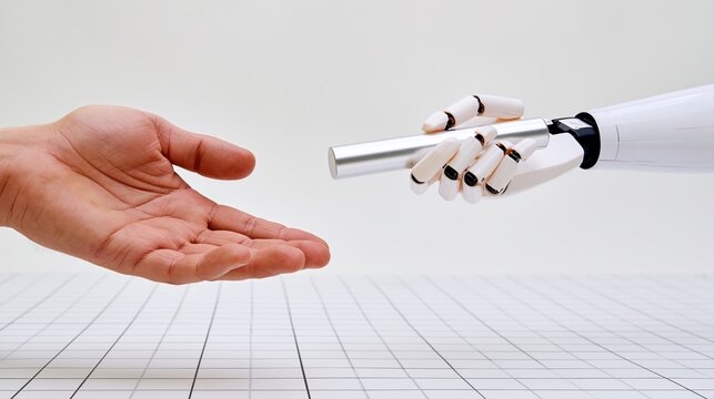 Human hand receiving silver baton from robot hand on grid