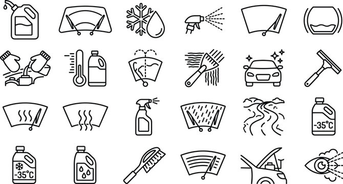 Windshield washer fluid automotive winter car care icon set with antifreeze wiper blades ice scraper and linear outline vectors