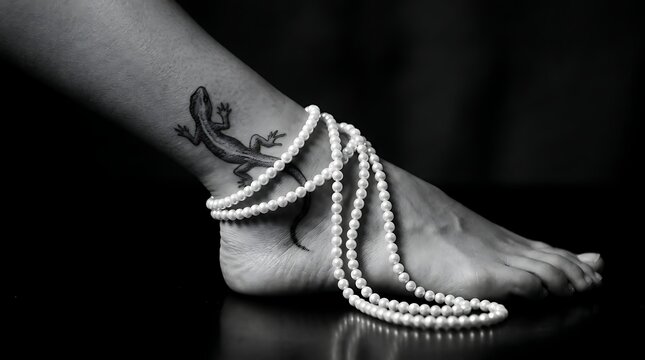 Foot with lizard tattoo and pearl necklace