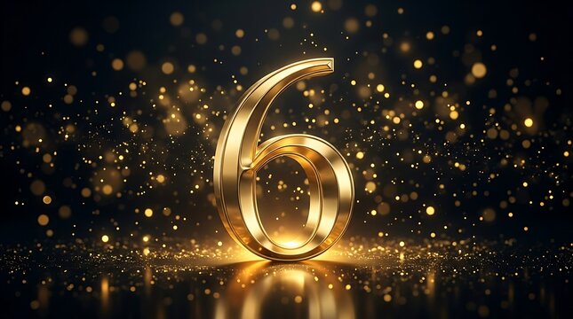 Golden number six with glowing particles
