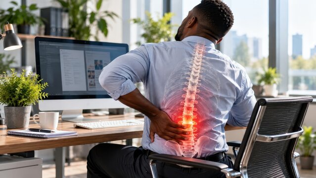 Office Worker Suffering Lower Back Pain with Highlighted Spine at Computer Desk