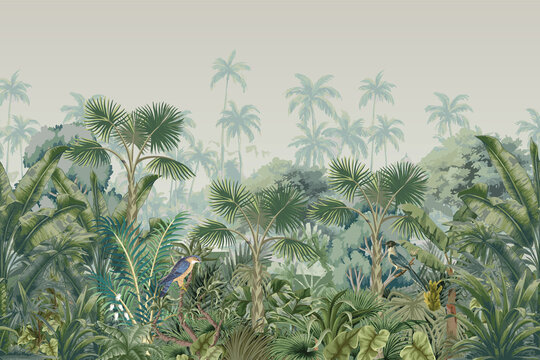 Tropical forest landscape illustration with jungle trees, palm leaves, and vintage sage wallpaper background