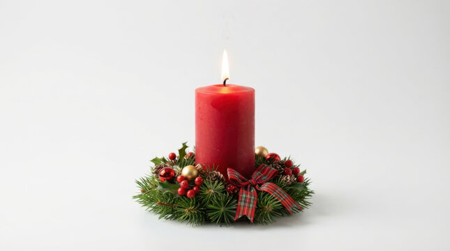 Glowing Christmas Candle with Festive Decorations, Pine Tree, Red Ornaments and Golden Wreath for Warm Holiday Celebration and Winter Season Decor