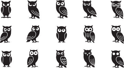 Obraz premium Black owl icons set, collection of silhouettes, bird vector symbols illustration