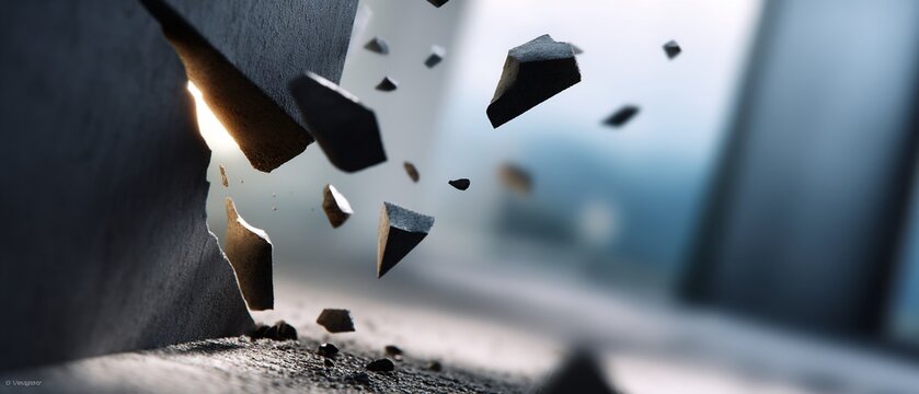 Shattered concrete structure with pieces flying, sunlight shining through the break