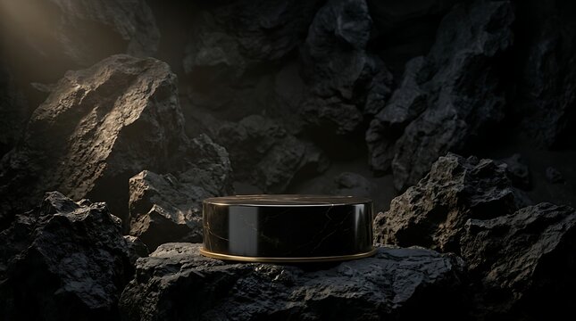 Black marble pedestal with gold rim on dark rocks