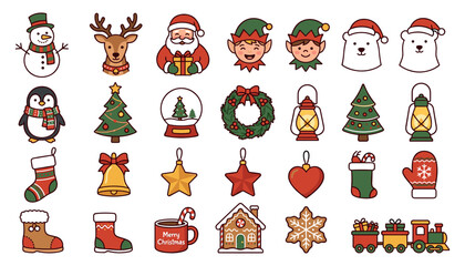 Fototapeta premium Cute Christmas icons set with Santa, snowman, reindeer, penguin, and decorations isolated on white background