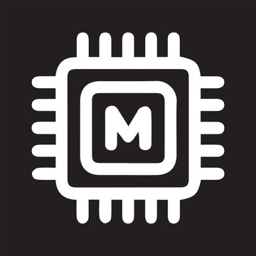 White microprocessor chip icon with M letter on black background simple tech symbol for digital concepts