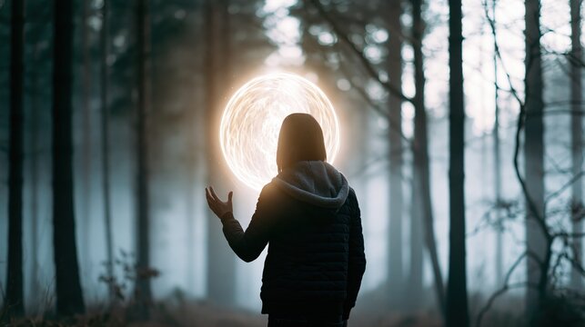 Mystical person controls glowing spirit in foggy forest