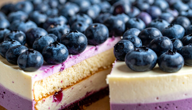 Blueberry cake with creamy filling oozing from cut edge
