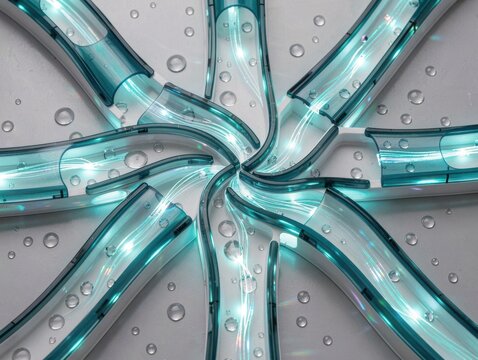 Futuristic Teal Glowing Fluidic Channels with Scattered Water Droplets