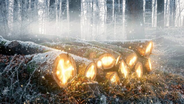 Magical glowing wooden logs covered in winter frost inside a forest