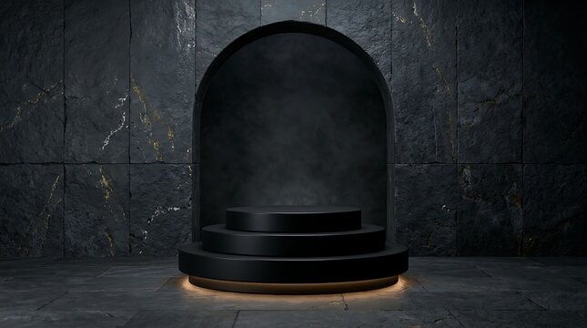 Black tiered pedestal in arched stone niche