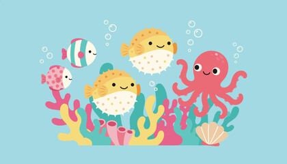 Obraz premium Adorable sea creatures including two pufferfish, an octopus, and small fish swimming above colorful coral reef.