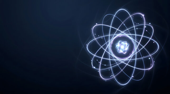 Atomic Orbitals Abstract: A glowing, luminous representation of atomic structure with electrons orbiting a central nucleus, set against a dark, ethereal backdrop.