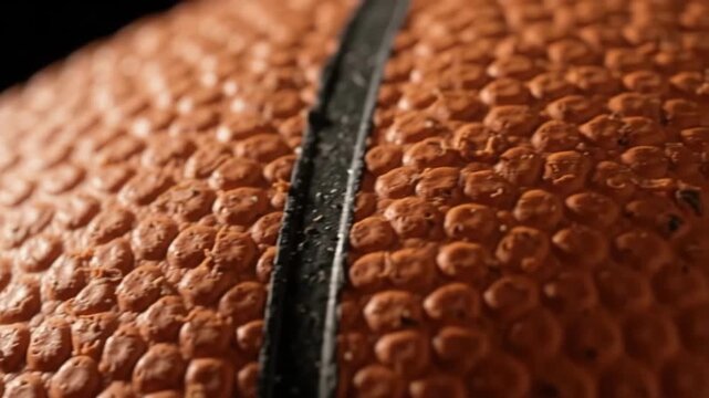 Close-up of a basketball's textured surface and seam, highlighting the detail of the sports equipment.