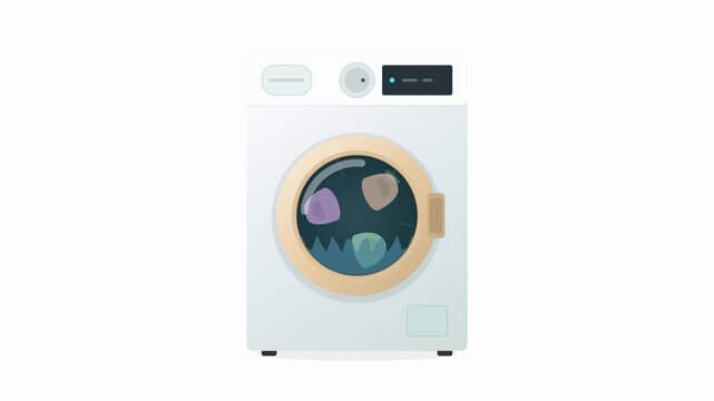 Minimalist illustration of a front-loading washing machine with a rounded door, displaying colorful clothing items inside, set against a white background
