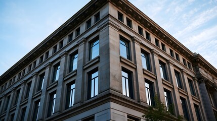Obraz premium Corner view of a grand stone building with tall and classical architectural details under a partly cloudy sky