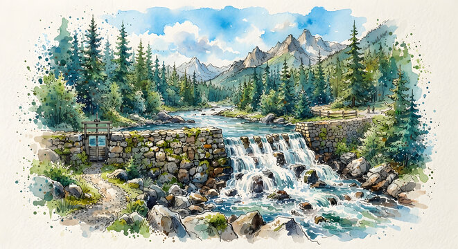 Scenic stone dam and waterfall in a mountain forest