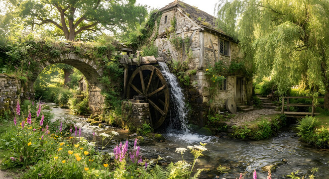 Ancient stone watermill with a wooden wheel beside a stream in a countryside garden