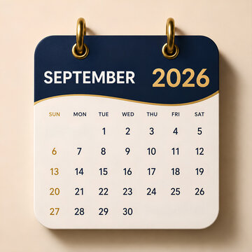 September 2026 Monthly Calendar Page with Navy Blue and Gold Wave Design &ndash; 30 Day Grid - 1