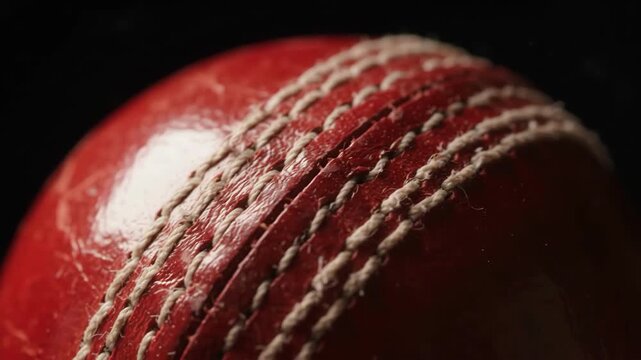 Close-up of a red cricket ball with prominent stitching, ready for play.