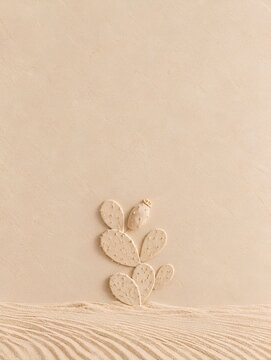 Desert Relief Background &ndash; Prickly Pear Cactus. Minimal sandstone bas-relief of a prickly pear cactus with subtle areoles and wind-rippled desert sand, surrounded by generous copy space.