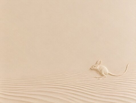 Desert Relief Background &ndash; Jerboa. Minimal sandstone bas-relief of a jerboa moving across finely rippled desert sand, surrounded by warm natural texture and generous copy space.