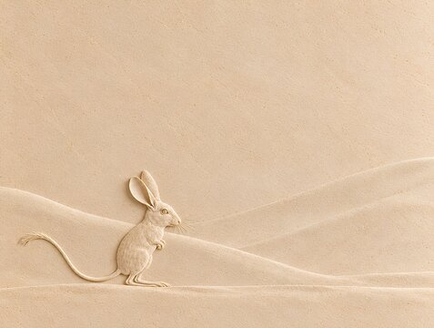 Desert Relief Background &ndash; Jerboa. Minimal sandstone bas-relief of a jerboa with long ears and tail among smooth desert dunes, surrounded by generous copy space.