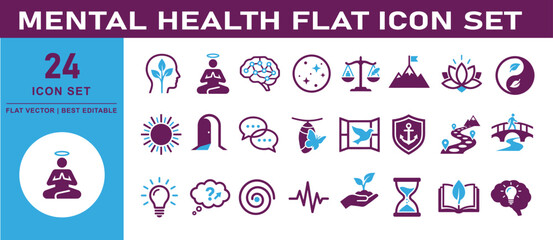 Obraz premium Mental Health Psychotherapy Mindfulness and Psychology Wellness Flat Icon Set