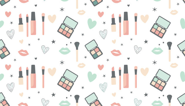 Girly seamless pattern with makeup cosmetics, lipstick, eyeshadow palette, brushes, hearts, and lips.