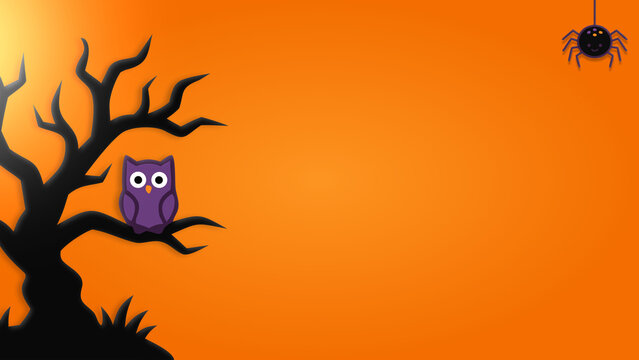 Halloween Background with Cute Owl Spider and Spooky Bare Tree on Orange