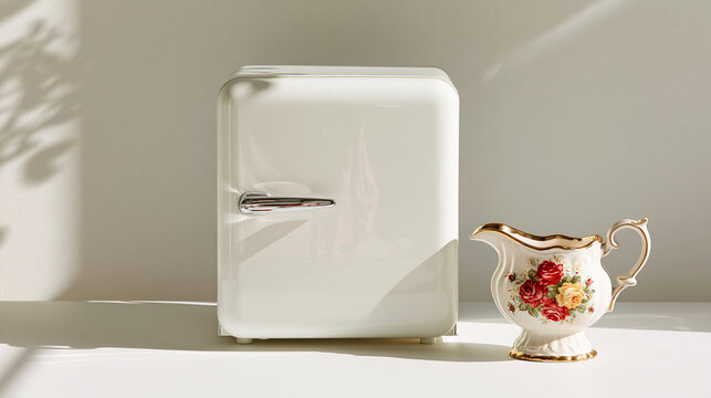 A white retro mini fridge sits beside a vintage floral pitcher in bright sunlight. Perfect for lifestyle and interior design blogs.