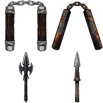 Set of medieval and martial arts weapons including nunchaku fighting sticks and ancient spears isolated on white background