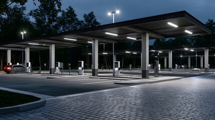 Obraz premium Modern electric vehicle charging station at dusk with illuminated canopy and paved parking area surrounded by trees