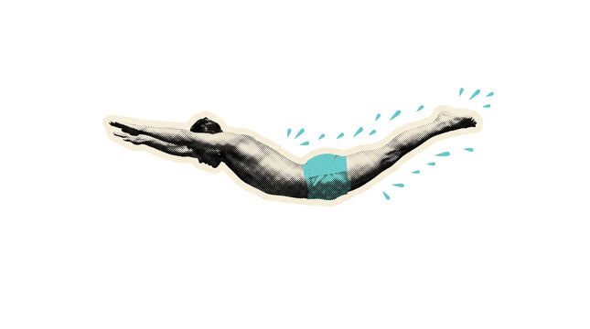 Swimmer diving into water, vintage style illustration of a person jumping into a pool.