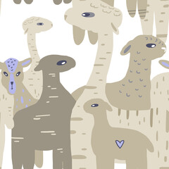 Fototapeta premium Cute Llama and Sheep Seamless Pattern in Neutral Colors