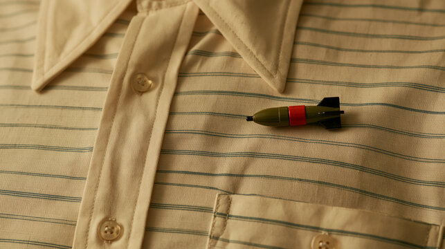 A small toy bomb pin is attached to a vintage striped shirt. This symbolizes the concept of hidden aggression or conflict in everyday business attire.