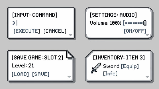 Pixel art user interface windows for retro video games featuring command input settings audio save game